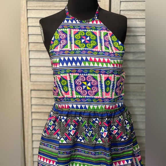 Vintage One of a Kind Geometric Artsy Print Ruffled Halter Backless Maxi Dress - Picture 4 of 13